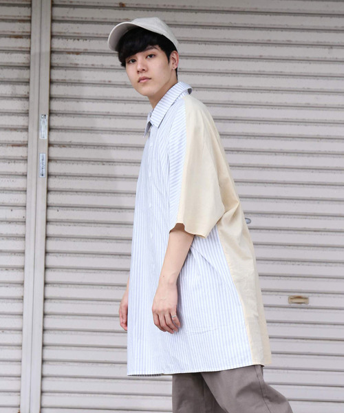 revertical(リバーティカル)の「ストライプ柄 ビッグシルエット 切り替えシャツ 前開き ブラウス(シャツ/ブラウス・メンズ・ホワイト/ブラック/ベージュ・M/L)」の1枚目の写真