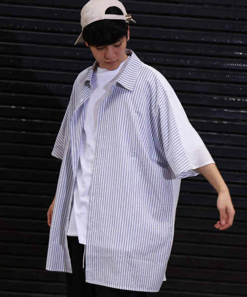 revertical(リバーティカル)の「ストライプ柄 ビッグシルエット 切り替えシャツ 前開き ブラウス(シャツ/ブラウス・メンズ・ホワイト/ブラック/ベージュ・M/L)」の2枚目の写真