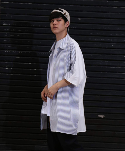 revertical(リバーティカル)の「ストライプ柄 ビッグシルエット 切り替えシャツ 前開き ブラウス(シャツ/ブラウス・メンズ・ホワイト/ブラック/ベージュ・M/L)」の14枚目の写真