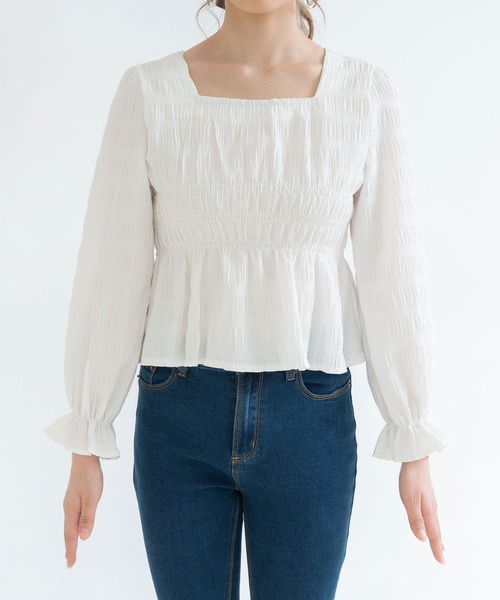 Newlyme（ニューリーミー）の「シャーリングブラウス（シャツ/ブラウス・レディース・ブルー/ホワイト・SMALL/LARGE/X-LARGE/MEDIUM）」の8枚目の写真