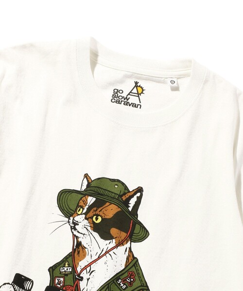 go slow caravan（ゴースローキャラバン）の「WEB限定 go slow caravan/ゴースローキャラバン 探検猫 クルーネック プリントTシャツ/351908（Tシャツ/カットソー・メンズ・ホワイト/ブラック・5/3/4）」の7枚目の写真