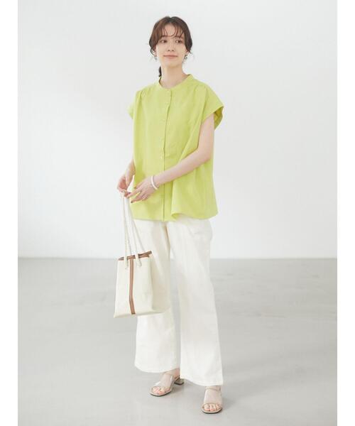 Green　Parks（グリーンパークス）の「ベルギーリネンブレンド ノースリブラウス＊（シャツ/ブラウス・レディース・ブラック/オフホワイト/オリーブ/ピンク/イエロー・FREE）」の9枚目の写真