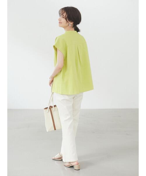 Green　Parks（グリーンパークス）の「ベルギーリネンブレンド ノースリブラウス＊（シャツ/ブラウス・レディース・ブラック/オフホワイト/オリーブ/ピンク/イエロー・FREE）」の8枚目の写真