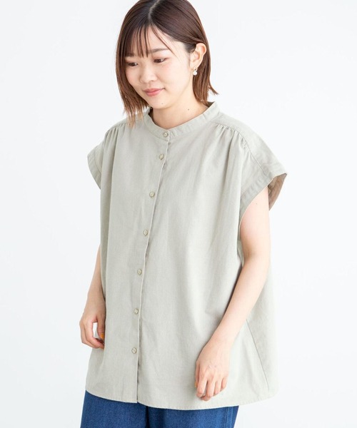 Green　Parks（グリーンパークス）の「ベルギーリネンブレンド ノースリブラウス＊（シャツ/ブラウス・レディース・ブラック/オフホワイト/オリーブ/ピンク/イエロー・FREE）」の4枚目の写真