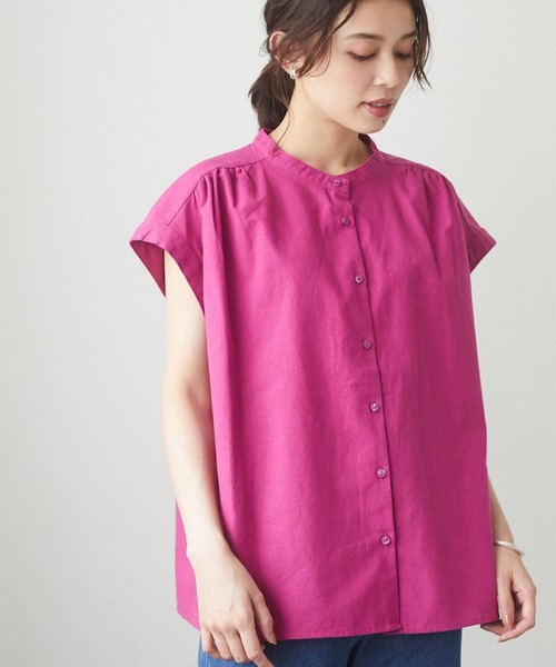 Green　Parks（グリーンパークス）の「ベルギーリネンブレンド ノースリブラウス＊（シャツ/ブラウス・レディース・ブラック/オフホワイト/オリーブ/ピンク/イエロー・FREE）」の5枚目の写真