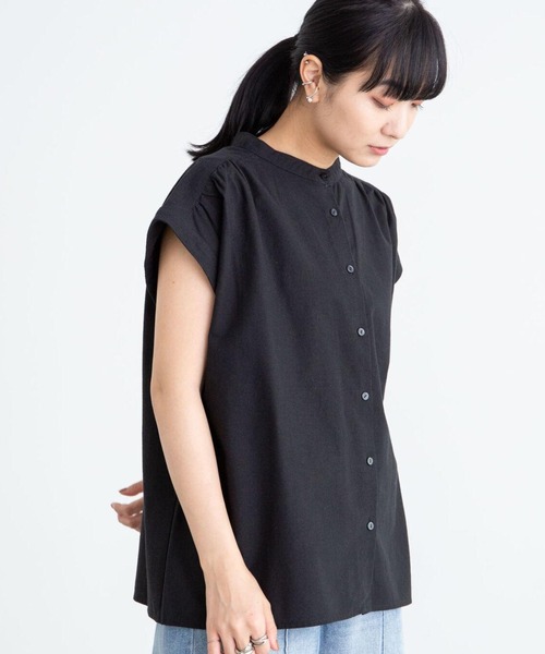 Green　Parks（グリーンパークス）の「ベルギーリネンブレンド ノースリブラウス＊（シャツ/ブラウス・レディース・ブラック/オフホワイト/オリーブ/ピンク/イエロー・FREE）」の3枚目の写真