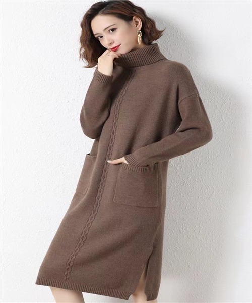 サイドスリット タートルネックニットワンピース