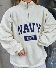 BASQUE magenta | HALF ZIP NAVY LOGO SWEAT SHIRTS / ハーフジップ ネイビー ロゴ刺繍 裏起毛スウェットシャツ(スウェット)