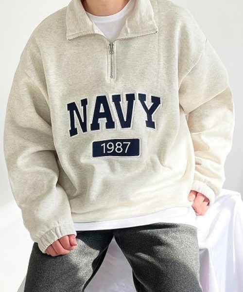 BASQUE magenta（バスクマゼンタ）の「HALF ZIP NAVY LOGO SWEAT SHIRTS / ハーフジップ ネイビー ロゴ刺繍 裏起毛スウェットシャツ（スウェット・メンズ・ブラック/グレー/オートミール・FREE）」の14枚目の写真