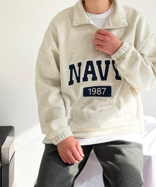 BASQUE magenta（バスクマゼンタ）の「HALF ZIP NAVY LOGO SWEAT SHIRTS / ハーフジップ ネイビー ロゴ刺繍 裏起毛スウェットシャツ（スウェット・メンズ・ブラック/グレー/オートミール・FREE）」の15枚目の写真