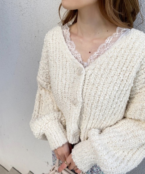 one after another NICE CLAUP（ワンアフターアナザーナイスクラップ）の「特別な存在感　ポンポンヤーンニットカーディガン（カーディガン/ボレロ・レディース・ライトグレー/ライトグリーン/アイボリー/ライトピンク・FREE）」の8枚目の写真