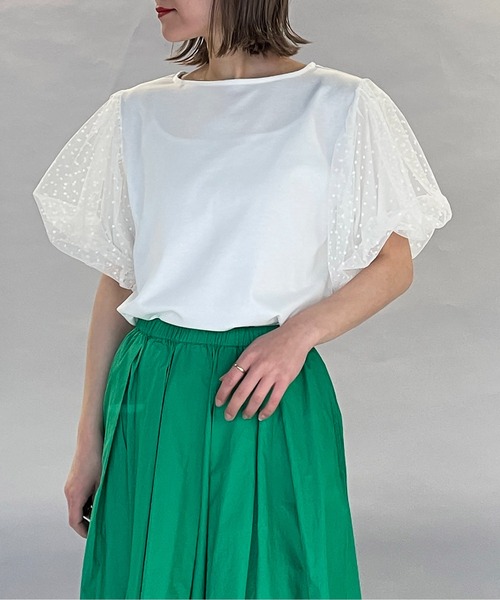 PICCIN(ピッチン)の「袖ドットチュールカットプルオーバー(Tシャツ/カットソー・レディース・ブラック/オフホワイト・M/L)」の1枚目の写真