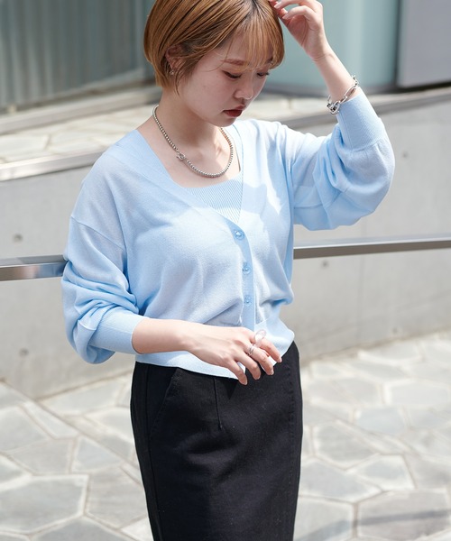 natural couture(ナチュラルクチュール)の「WEB限定/ほんのりシアーカーディガン+タンクセット(カーディガン/ボレロ・レディース・アイボリー/ブラック/グリーン/サックスブルー/ピンク・FREE)」の8枚目の写真