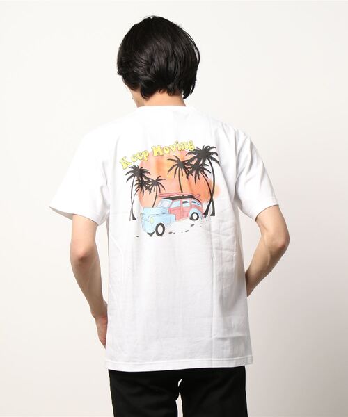 HOUSTON(ヒューストン)の「【HOUSTON】PRINT EMBROIDERY TEE (CAR)(Tシャツ/カットソー・メンズ・ホワイト/ブルー・MEDIUM/LARGE/X-LARGE/XX-LARGE)」の1枚目の写真
