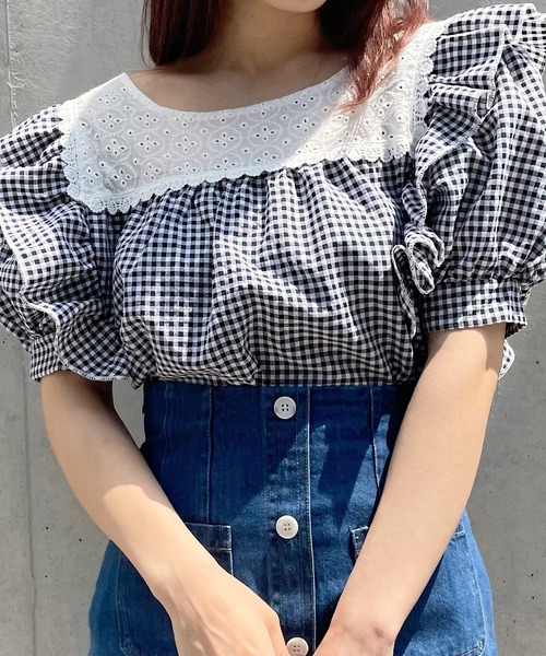 Voyage titty&Co.PETIT（ボヤージュティティアンドコープチ）の「【Voyage titty&Co. PETIT】ギンガムレーストップス（シャツ/ブラウス・レディース・ブラック・FREE）」の5枚目の写真