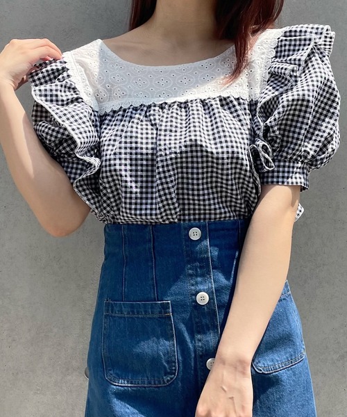Voyage titty&Co.PETIT（ボヤージュティティアンドコープチ）の「【Voyage titty&Co. PETIT】ギンガムレーストップス（シャツ/ブラウス・レディース・ブラック・FREE）」の6枚目の写真
