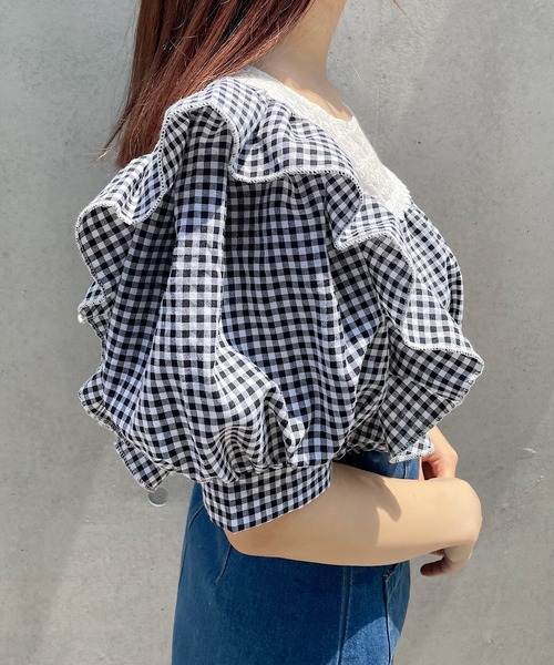 Voyage titty&Co.PETIT（ボヤージュティティアンドコープチ）の「【Voyage titty&Co. PETIT】ギンガムレーストップス（シャツ/ブラウス・レディース・ブラック・FREE）」の3枚目の写真