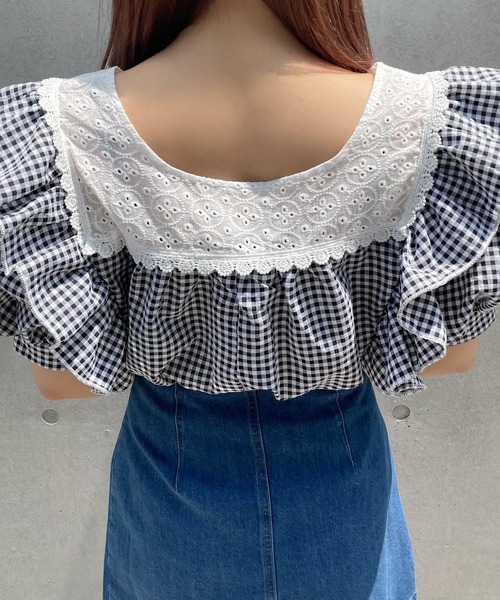 Voyage titty&Co.PETIT（ボヤージュティティアンドコープチ）の「【Voyage titty&Co. PETIT】ギンガムレーストップス（シャツ/ブラウス・レディース・ブラック・FREE）」の4枚目の写真