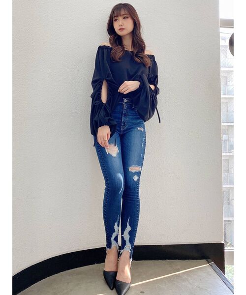 GYDA（ジェイダ）の「オフショル シャーリングボリュームスリーブブラウス（シャツ/ブラウス・レディース・ブラック/オフホワイト・FREE）」の15枚目の写真