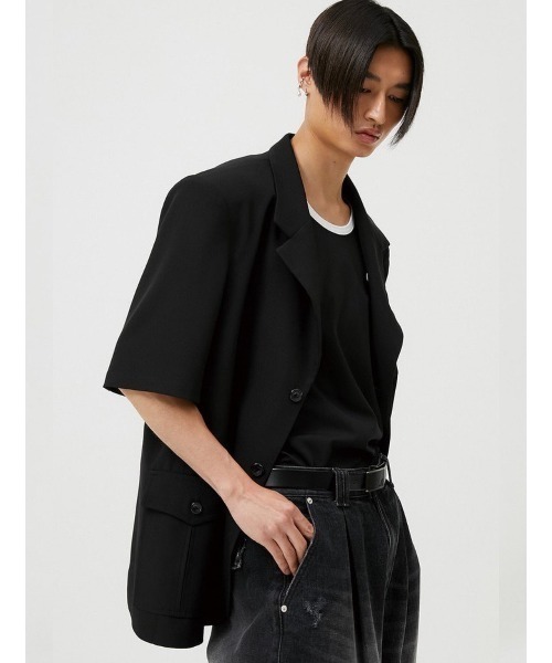 ESC STUDIO（イーエスシースタジオ）の「【ESC STUDIO/イーエスシースタジオ】oversize short sleeve blazer/オーバーサイズ 半袖 ブレザー テーラードジャケット シンプル（テーラードジャケット・メンズ・ブラック/ベージュ系その他・ONE SIZE）」の3枚目の写真
