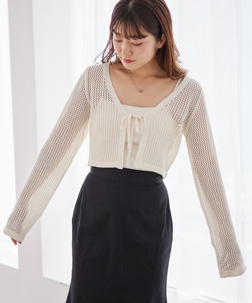 Heather（ヘザー）の「メッシュライクカーディガン　157073（カーディガン/ボレロ・レディース・ブラック/オフホワイト/ブルー・FREE）」の4枚目の写真