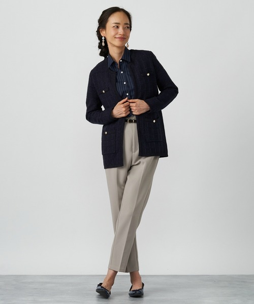 TOKYO SHIRTS（トウキョウシャツ）の「ロングニットジャケット（ノーカラージャケット・レディース・ライトベージュ/ネイビー/ライトグレー・M/L）」の3枚目の写真