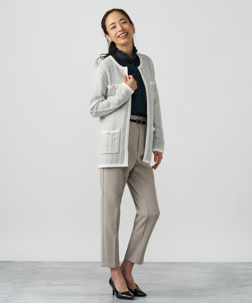 TOKYO SHIRTS（トウキョウシャツ）の「ロングニットジャケット（ノーカラージャケット・レディース・ライトベージュ/ネイビー/ライトグレー・M/L）」の2枚目の写真