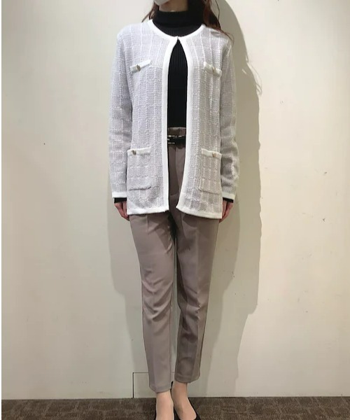 TOKYO SHIRTS（トウキョウシャツ）の「ロングニットジャケット（ノーカラージャケット・レディース・ライトベージュ/ネイビー/ライトグレー・M/L）」の4枚目の写真