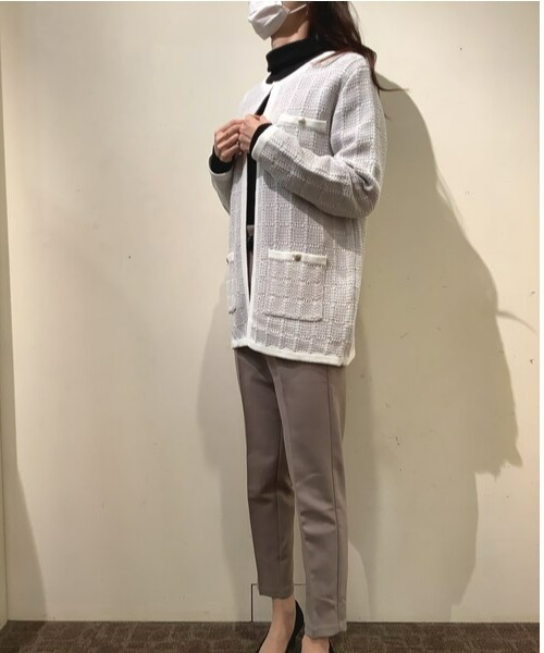 TOKYO SHIRTS（トウキョウシャツ）の「ロングニットジャケット（ノーカラージャケット・レディース・ライトベージュ/ネイビー/ライトグレー・M/L）」の5枚目の写真