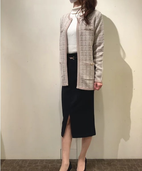 TOKYO SHIRTS（トウキョウシャツ）の「ロングニットジャケット（ノーカラージャケット・レディース・ライトベージュ/ネイビー/ライトグレー・M/L）」の8枚目の写真