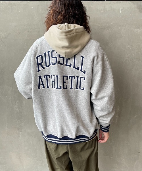 Russell Athletic（ラッセルアスレティック）の「[RUSSELL ATHLETIC/ラッセル アスレチック] 別注 ワッペン刺繍 ボタンアップスウェットスタジャン（ブルゾン・レディース・ネイビー/グレー/グリーン・M/L）」の18枚目の写真