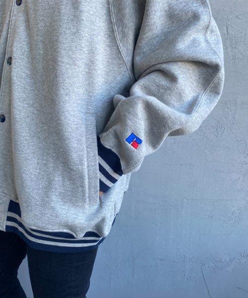 Russell Athletic（ラッセルアスレティック）の「[RUSSELL ATHLETIC/ラッセル アスレチック] 別注 ワッペン刺繍 ボタンアップスウェットスタジャン（ブルゾン・レディース・ネイビー/グレー/グリーン・M/L）」の10枚目の写真
