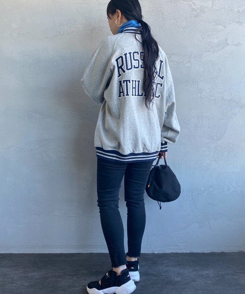 Russell Athletic（ラッセルアスレティック）の「[RUSSELL ATHLETIC/ラッセル アスレチック] 別注 ワッペン刺繍 ボタンアップスウェットスタジャン（ブルゾン・レディース・ネイビー/グレー/グリーン・M/L）」の8枚目の写真