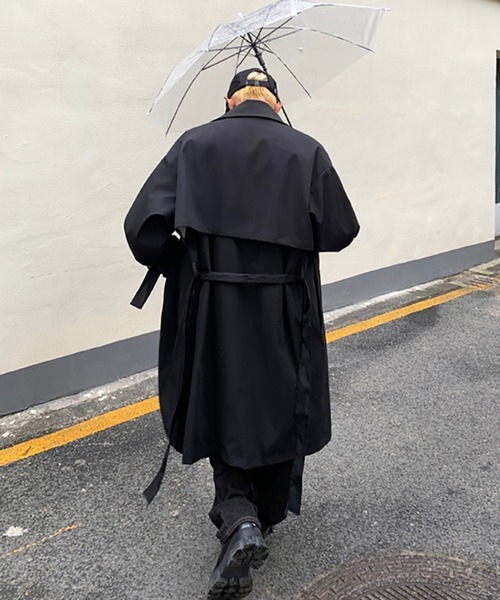 黒 スタンドカラー　トレンチ風 大人気 】JIAOLANDIオーバーサイズのスタンドカラートレンチ