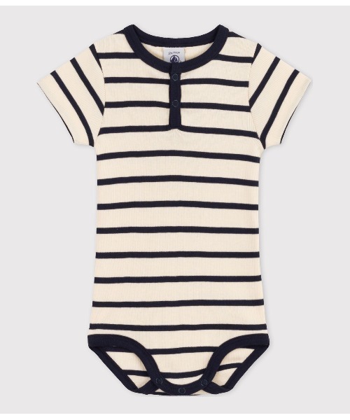 PETIT BATEAU(プチバトー)の「マリニエール衿つき半袖ボディ(ロンパース・キッズ・ホワイト×ネイビー・6MONTH)」の1枚目の写真