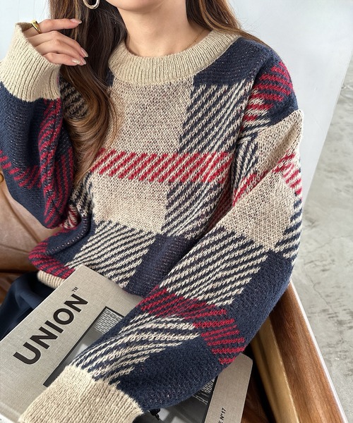 セール】【新色追加】チェックジャガード長袖ニットトップス（ニット