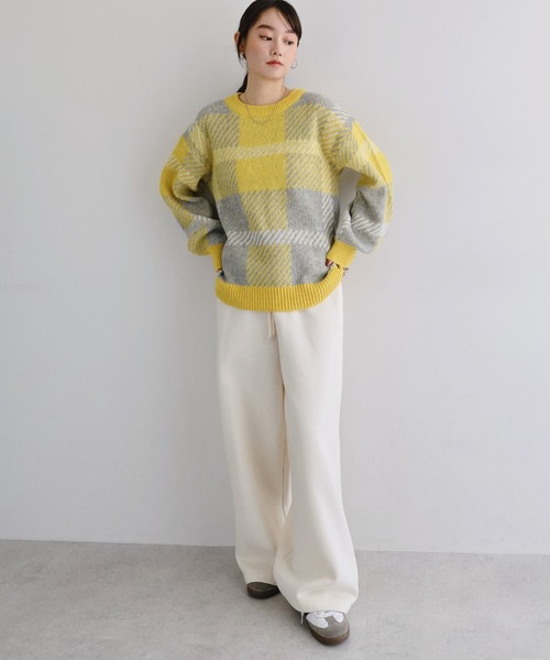 セール】【新色追加】チェックジャガード長袖ニットトップス（ニット