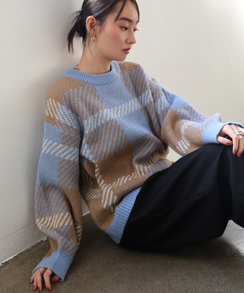 セール】【新色追加】チェックジャガード長袖ニットトップス（ニット
