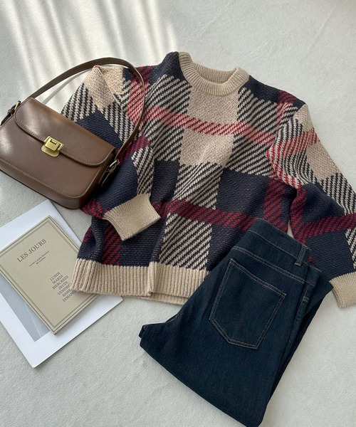 セール】【新色追加】チェックジャガード長袖ニットトップス（ニット