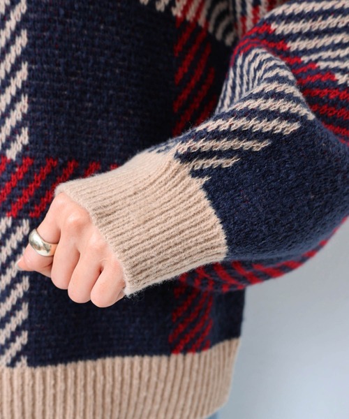 andme（アンドミー）の「【新色追加】チェックジャガード長袖ニットトップス（ニット/セーター・レディース・ベージュ/ブルー/イエロー/ピンク/グリーン・M）」の13枚目の写真