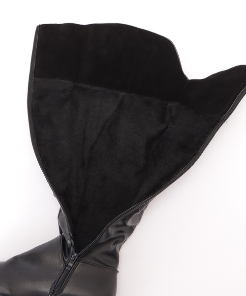 黒 ニーハイブーツ サイドファスナー セール】サイドファスナー付きレザー調ニーハイジョッキーブーツ