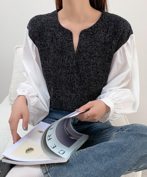 ABITOKYO(アビトーキョー)の「異素材ボリュームスリーブ切替キーネックツイードブラウス(シャツ/ブラウス・レディース・ブラック/ベージュ・M/L)」の15枚目の写真