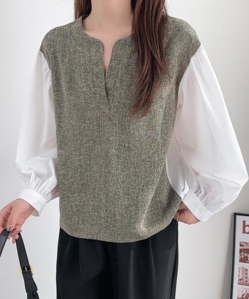 ABITOKYO(アビトーキョー)の「異素材ボリュームスリーブ切替キーネックツイードブラウス(シャツ/ブラウス・レディース・ブラック/ベージュ・M/L)」の13枚目の写真