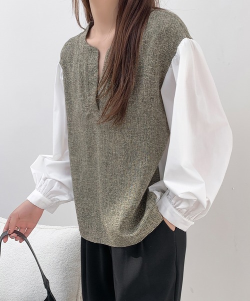 ABITOKYO(アビトーキョー)の「異素材ボリュームスリーブ切替キーネックツイードブラウス(シャツ/ブラウス・レディース・ブラック/ベージュ・M/L)」の12枚目の写真