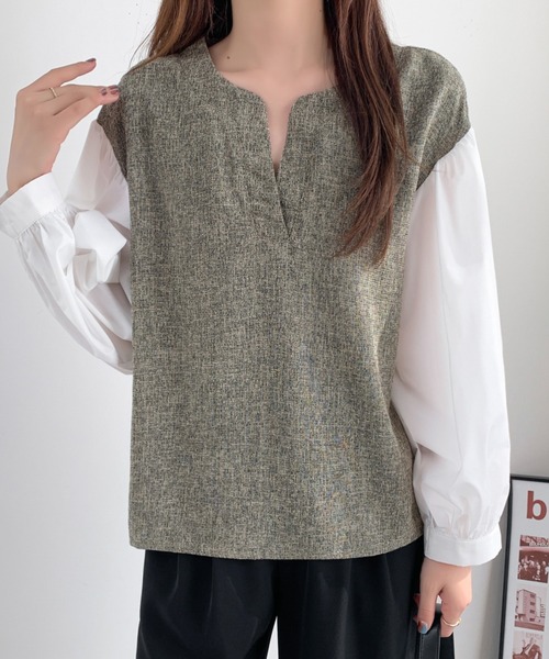 ABITOKYO(アビトーキョー)の「異素材ボリュームスリーブ切替キーネックツイードブラウス(シャツ/ブラウス・レディース・ブラック/ベージュ・M/L)」の11枚目の写真