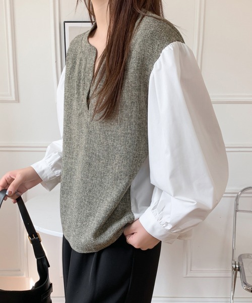 ABITOKYO(アビトーキョー)の「異素材ボリュームスリーブ切替キーネックツイードブラウス(シャツ/ブラウス・レディース・ブラック/ベージュ・M/L)」の10枚目の写真