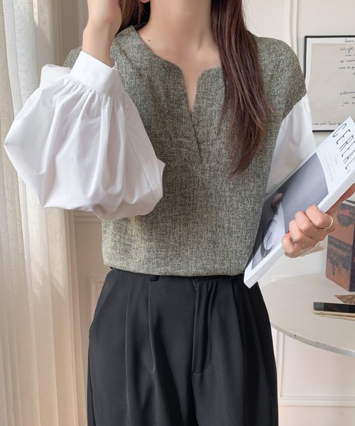 ABITOKYO(アビトーキョー)の「異素材ボリュームスリーブ切替キーネックツイードブラウス(シャツ/ブラウス・レディース・ブラック/ベージュ・M/L)」の6枚目の写真