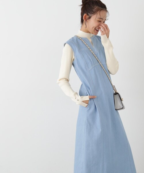 N.（N. Natural Beauty Basic）（エヌエヌナチュラルビューティーベーシック）の「◆ビスチェ切替Ｉラインジャンパースカート（ジャンパースカート・レディース・ライトブルー/オフホワイト/ワンウォッシュ・MEDIUM）」の14枚目の写真