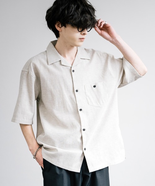 Rocky Monroe(ロッキーモンロー)の「接触冷感 無地/ストライプ リネンミックスオープンカラー半袖シャツ(シャツ/ブラウス・メンズ・グリーン/ベージュ/ネイビー/カーキ/ライトベージュ・M/L/LL)」の2枚目の写真