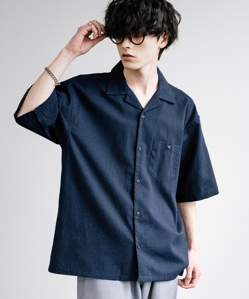 Rocky Monroe(ロッキーモンロー)の「接触冷感 無地/ストライプ リネンミックスオープンカラー半袖シャツ(シャツ/ブラウス・メンズ・グリーン/ベージュ/ネイビー/カーキ/ライトベージュ・M/L/LL)」の5枚目の写真